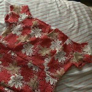 dark red orange & white flower off the shoulder dress